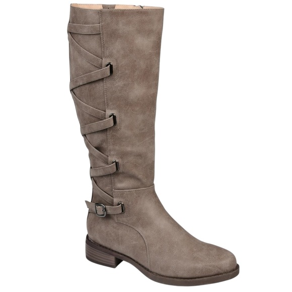 Journee Collection Carly Tall Riding Boots Strap Detail Taupe Wide Calf 6.5 NEW - Picture 2 of 16